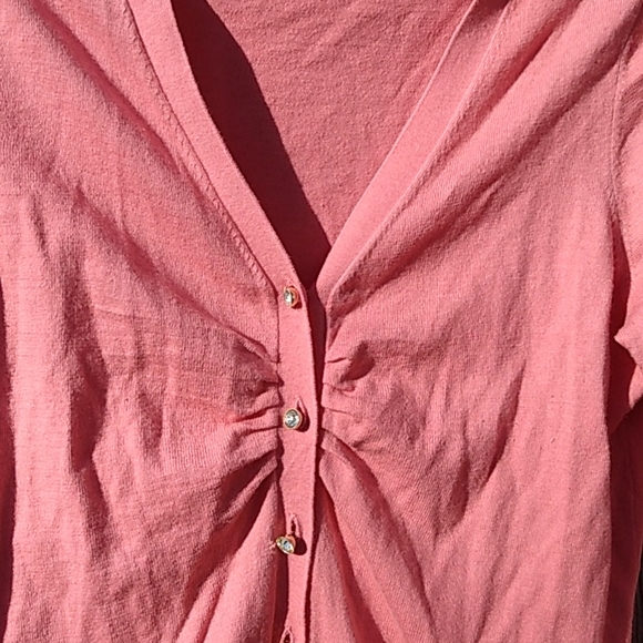 Talbots PEACHY Coral Rhinestone Button Front Cardigan Sweater Small Petite - Picture 3 of 6